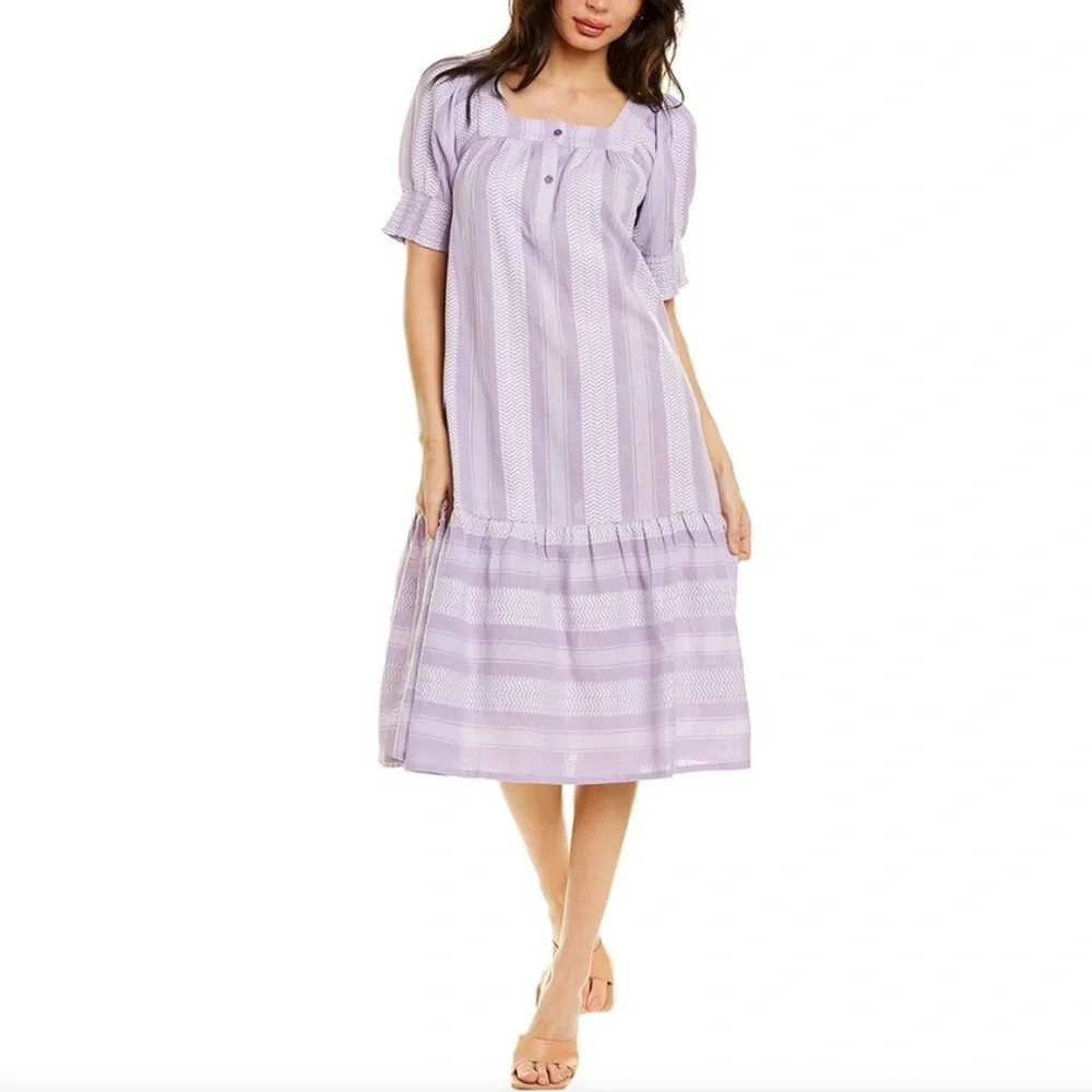 Cecilie Copenhagen Makena Shift Dress Purple And White Midi Length Size Small
